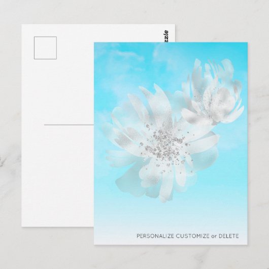 *~* Sky Blue Ombre Clouds Flowers Glitter Briefkaart (Voorkant / Achterkant)