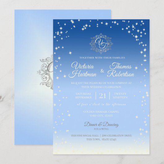Sky Blue Ombre' Sparkle Wedding Kaart (Voorkant / Achterkant)