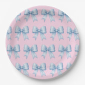 Sky Blue op Roze Satin Bow Pattern Papieren Bordje (Voorkant)