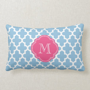 Sky Blue & Pink Modern Marokkaans Patroon Monogram Kussen