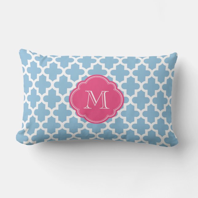 Sky Blue & Pink Modern Marokkaans Patroon Monogram Kussen (Voorkant)