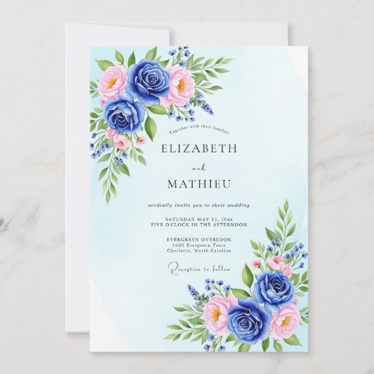 Sky Blue Polished Botanical Wedding Kaart (Voorkant)