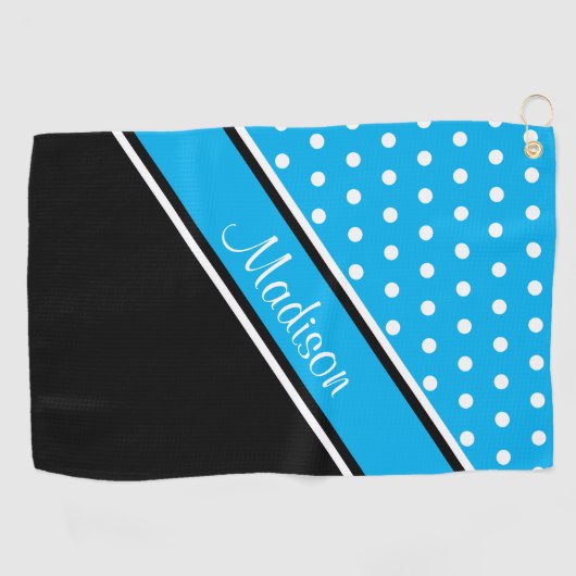 Sky Blue Polka Dot Black Diagonal Script Name Golfhanddoek (Horizontaal)