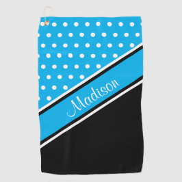 Sky Blue Polka Dot Black Diagonal Script Name Golfhanddoek