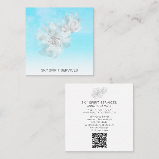 *~* Sky Blue QR Clouds Flowers Glitter Shimmer Vierkante Visitekaartje (Voorkant / Achterkant)