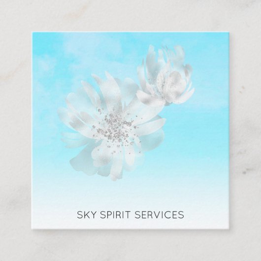 *~* Sky Blue QR Clouds Flowers Glitter Shimmer Vierkante Visitekaartje (Voorkant)