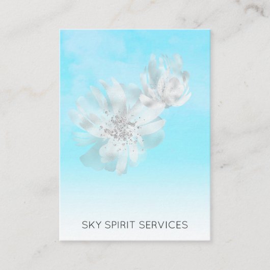 *~* Sky Blue QR Flowers Glitter Shimmer Visitekaartje (Voorkant)