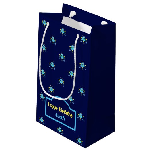 Sky Blue Robot Pattern Blue Gift Bag Klein Cadeauzakje (Achterkant Gekanteld)