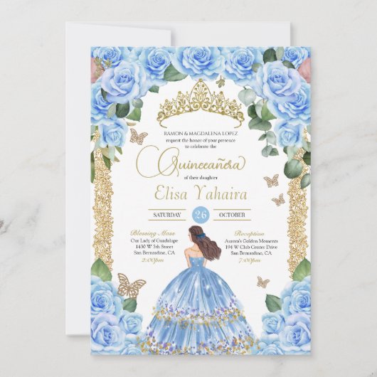 Sky Blue Roos Bloemen Gouden Vlinder Quinceanera Kaart (Voorkant)