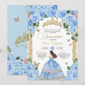 Sky Blue Roos Bloemen Gouden Vlinder Quinceanera Kaart (Voorkant / Achterkant)