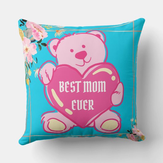 Sky Blue Roze Schattige Teddy Bear Hart Bloemen De Kussen (Achterkant)