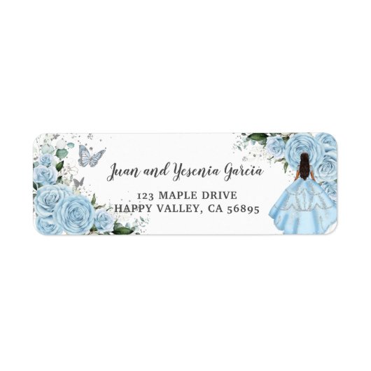 Sky Blue Rozen Bloemen Quinceañera Retouradres Etiket (Voorkant)