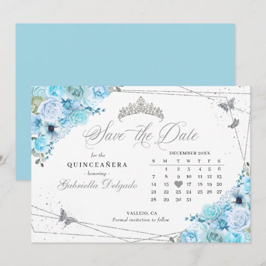 Sky Blue & Silver Quinceañera De datum opslaan Kaart (Voorkant / Achterkant)