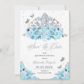 Sky Blue & Silver Tiara Bewaar de datum Quinceañer Kaart (Voorkant)