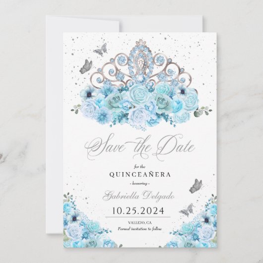 Sky Blue & Silver Tiara Bewaar de datum Quinceañer Kaart (Voorkant)