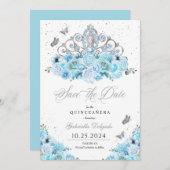 Sky Blue & Silver Tiara Bewaar de datum Quinceañer Kaart (Voorkant / Achterkant)