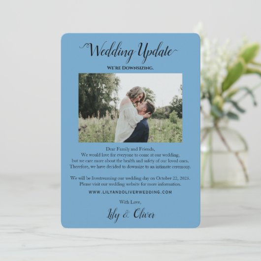 Sky Blue Simple Wedding Update 2 Foto Downsizing Aankondiging (Staand voorkant)