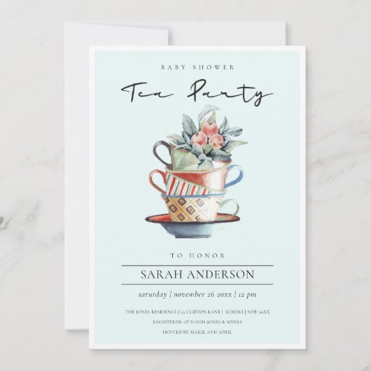 Sky Blue Stacked Cup Baby shower Tea Party Invite Bedankkaart (Voorkant)