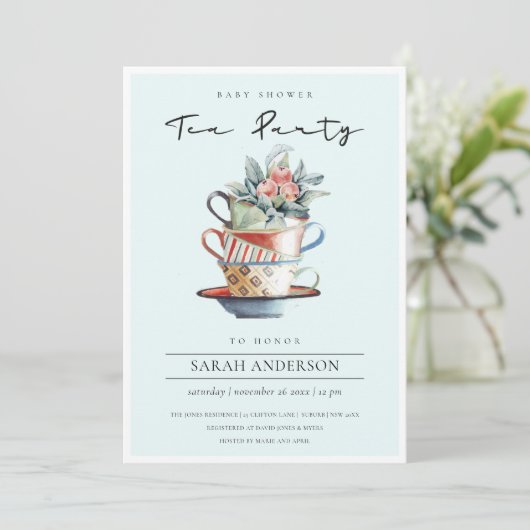 Sky Blue Stacked Cup Baby shower Tea Party Invite Bedankkaart (Staand voorkant)