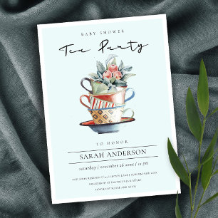 Sky Blue Stacked Cup Baby shower Tea Party Invite Bedankkaart