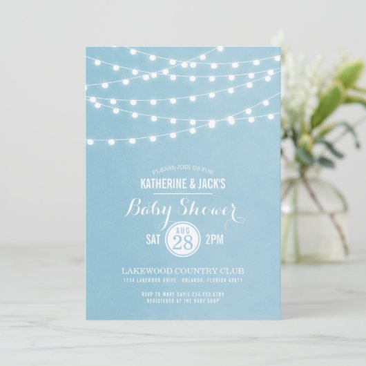 Sky Blue String Lights Baby shower Invitation Kaart (Staand voorkant)