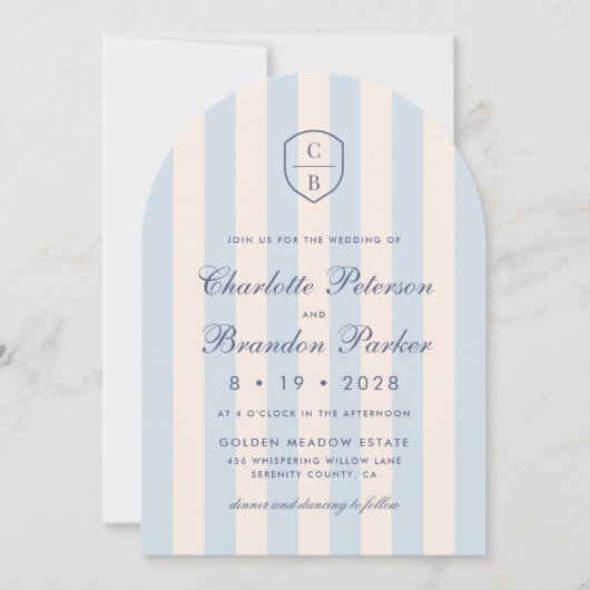 Sky Blue Stripes Monogram Crest Wedding Kaart (Voorkant)
