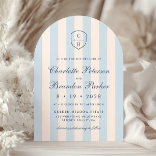 Sky Blue Stripes Monogram Crest Wedding Kaart