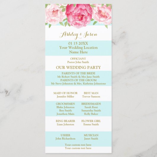 Sky Blue Stripes Roze Waterverf Trouwprogramma Programmakaart (Achterkant)