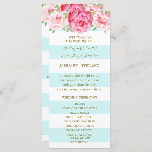 Sky Blue Stripes Roze Waterverf Trouwprogramma Programmakaart (Voorkant / Achterkant)