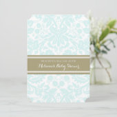 Sky Blue Tan Damask Aangepaste Baby Shower Uitnodi Kaart (Staand voorkant)