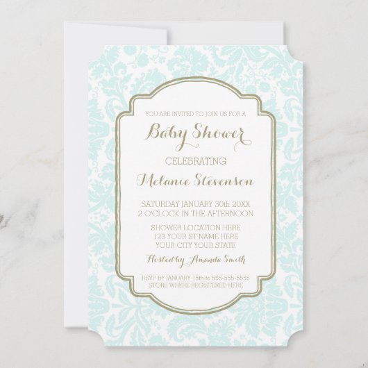Sky Blue Tan Damask Aangepaste Baby Shower Uitnodi Kaart (Achterkant)