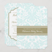 Sky Blue Tan Damask Aangepaste Baby Shower Uitnodi Kaart (Voorkant / Achterkant)