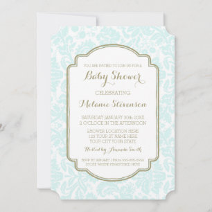 Sky Blue Tan Damask Aangepaste Baby Shower Uitnodi Kaart