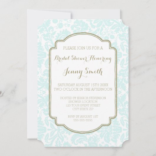 Sky Blue Tan Damask Bridal Shower-uitnodigingskaar Kaart (Achterkant)