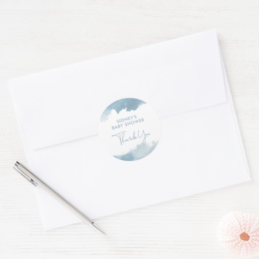 Sky Blue Waterverf Baby shower Dank u Ronde Sticker (Envelop)
