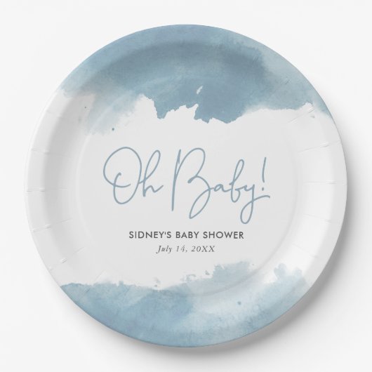 Sky Blue Waterverf Baby shower Papieren Bordje (Voorkant)