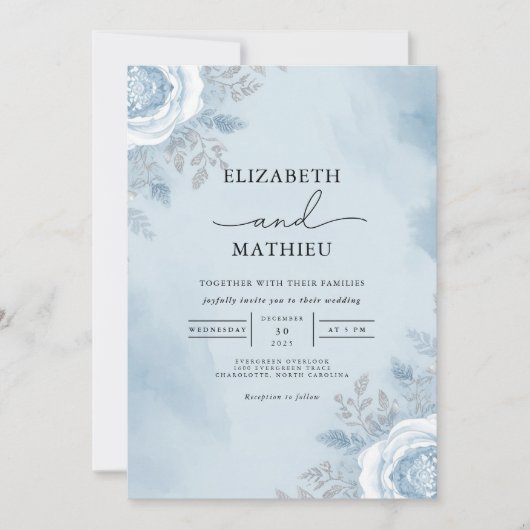 Sky Blue Waterverf Bloemen bruiloft Kaart (Voorkant)