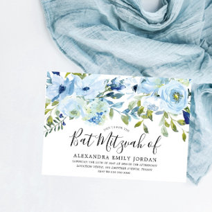 Sky Blue Waterverf Floral Bar Mitzvah Bat Mitzvah Kaart