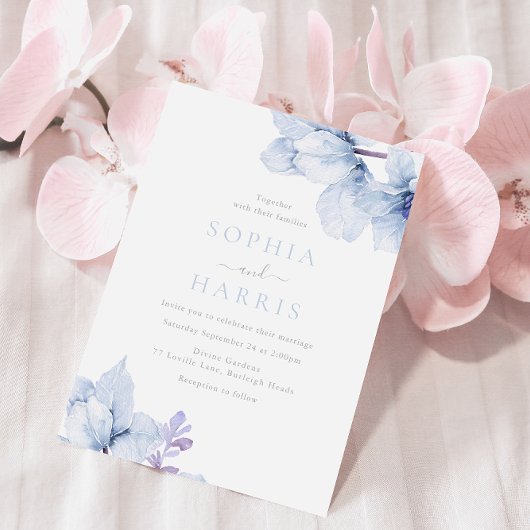 Sky Blue Waterverf Floral Elegant Bruiloft Kaart