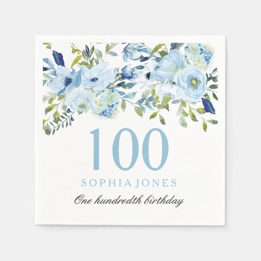 Sky Blue Waterverf Flowers 100th Birthday Party Servet (Voorkant)