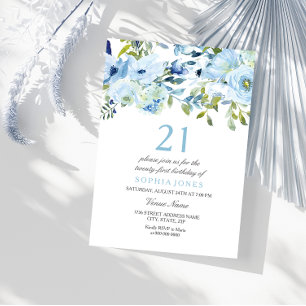 Sky Blue Waterverf Flowers 21st Birthday Party Kaart
