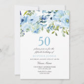 Sky Blue Waterverf Flowers 50th Birthday Party Kaart (Voorkant)