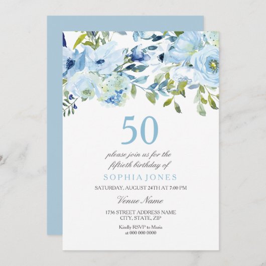 Sky Blue Waterverf Flowers 50th Birthday Party Kaart (Voorkant / Achterkant)