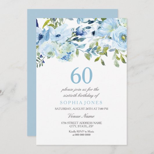 Sky Blue Waterverf Flowers 60th Birthday Party Kaart (Voorkant / Achterkant)