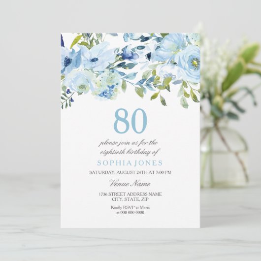 Sky Blue Waterverf Flowers 80th Birthday Party Kaart (Staand voorkant)