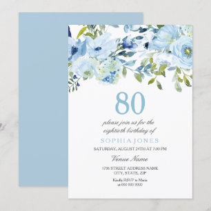 Sky Blue Waterverf Flowers 80th Birthday Party Kaart