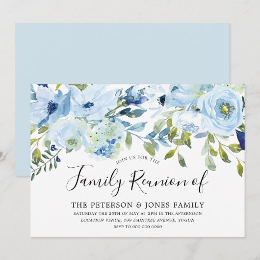 Sky Blue Waterverf Flowers Family Reunion Kaart (Voorkant / Achterkant)