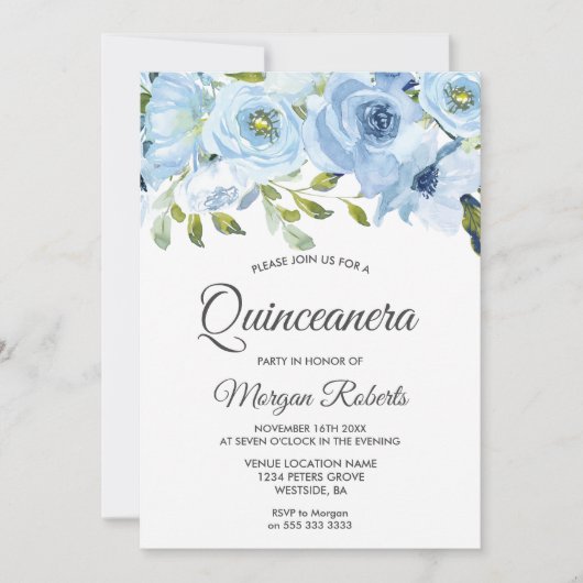 Sky Blue Waterverf Flowers Modern Quinceanera Kaart (Voorkant)