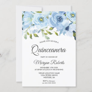 Sky Blue Waterverf Flowers Modern Quinceanera Kaart