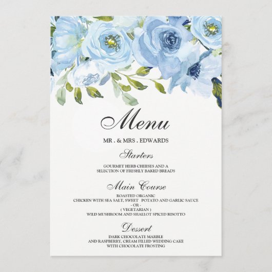 Sky Blue Waterverf Flowers Modern Wedding Menu (Voorkant)